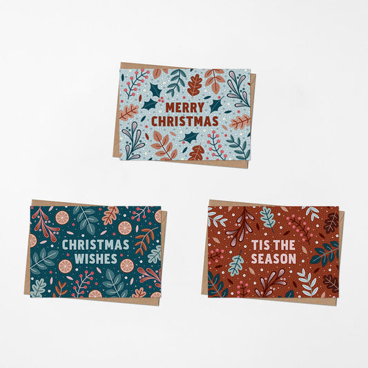 festive botanical christmas card multipack Blank inside Supplied with kraft brown recycled envelopes