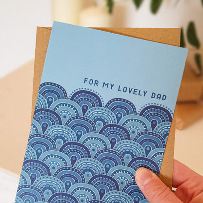 unique blue waves father's day card for seaside-loving dads supplied with recycled kraft brown envelope