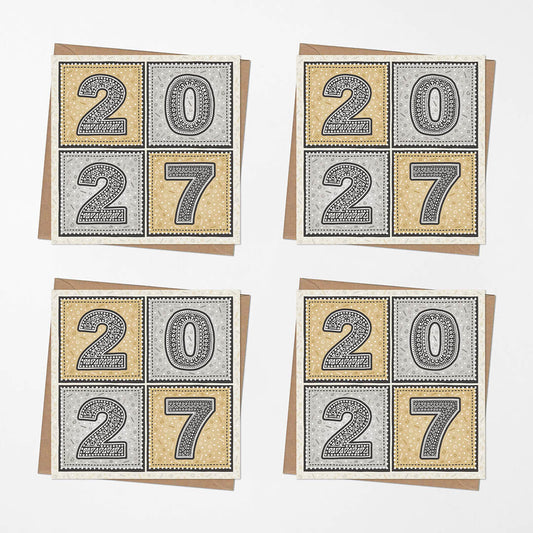 unique gold and silver 2027 new year card multipack with recycled kraft brown envelopes