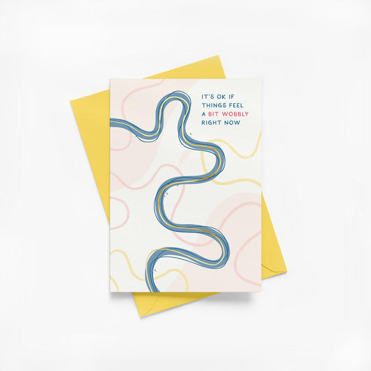 Mental health greeting card with wavy line design and yellow envelope on a white background