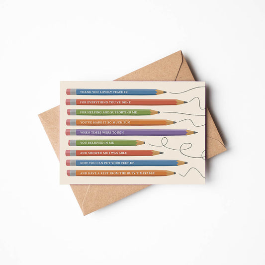thank you lovely teacher card featuring illustrated pencils with a kraft brown recycled envelope on a white background