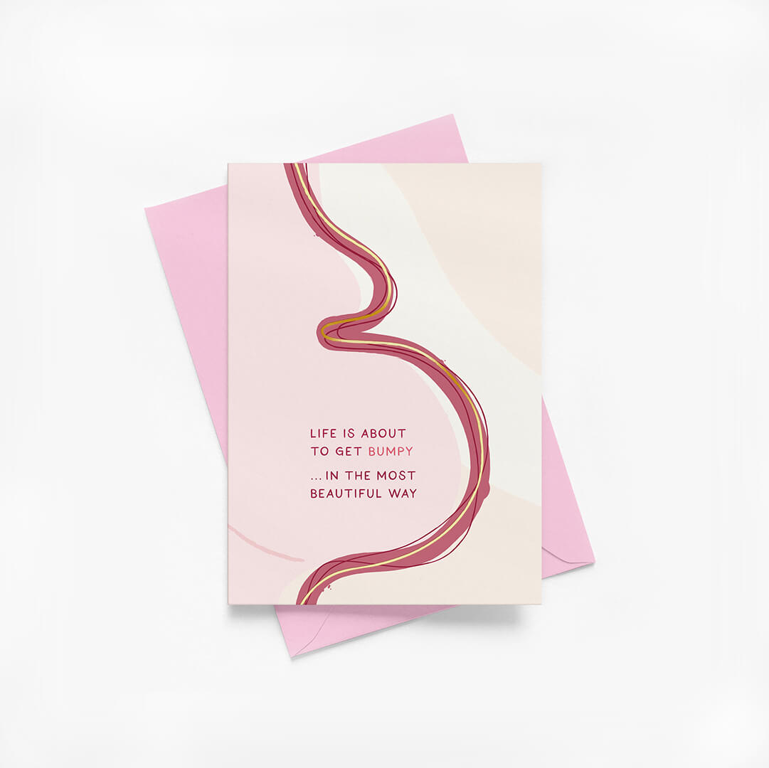 Pregnancy greeting card with abstract illustration of female body and pink envelope on a white background