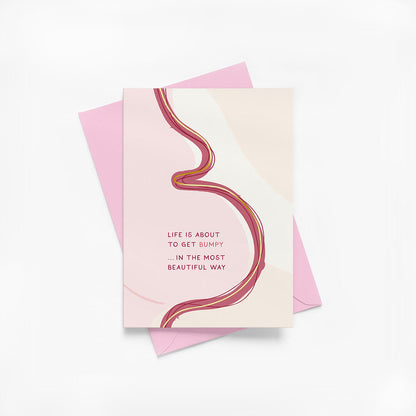 Pregnancy greeting card with abstract illustration of female body and pink envelope on a white background