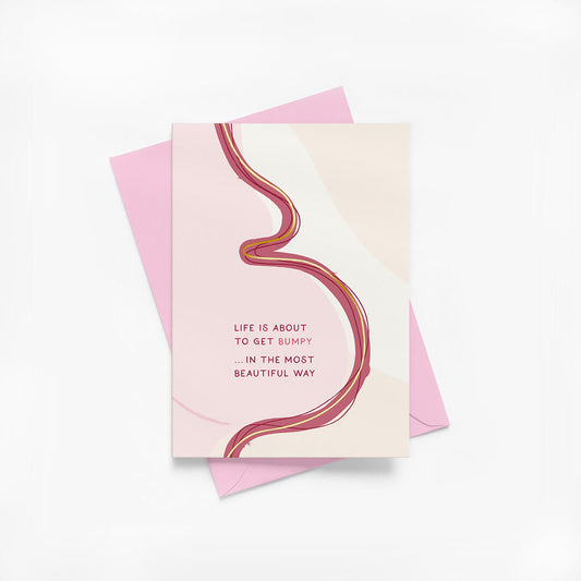 Pregnancy greeting card with abstract illustration of female body and pink envelope on a white background