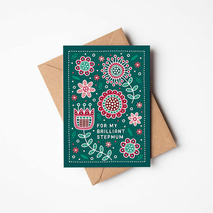 red and green floral step mum mother's day card with 'for my brilliant step mum' message