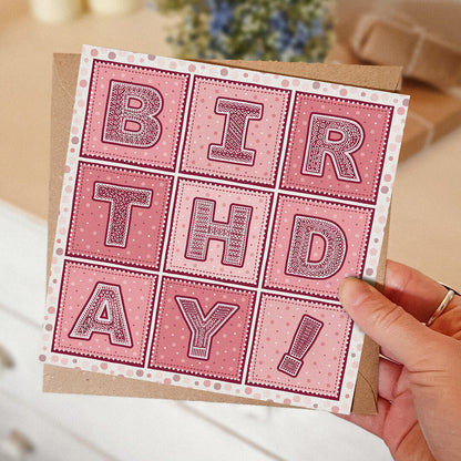 Pink typographic birthday card for her Part of the unique colourful typographic birthday card multipack Printed on FSC-certified card with kraft brown recycled envelopes Blank inside 
