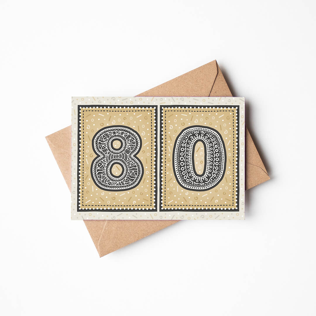 unique gold 80th birthday card with recycled kraft brown envelope