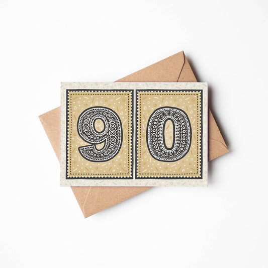 unique gold 90th birthday card with recycled kraft brown envelope