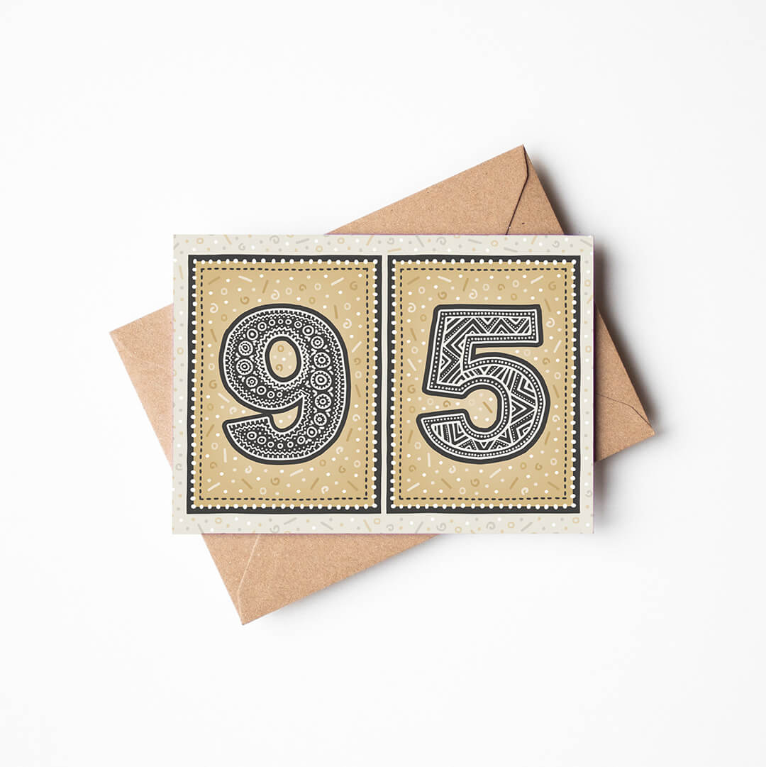 95th birthday card with a gold background and a recycled brown envelope.