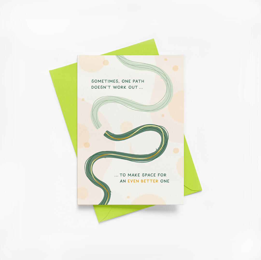 Greeting card for friend with green wavy line design and green envelope on a white background