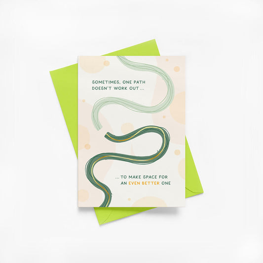 Greeting card for friend with green wavy line design and green envelope on a white background