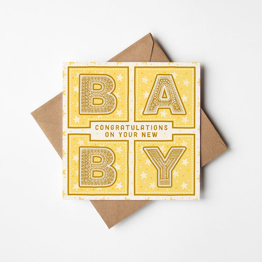 yellow gender neutral new baby card Printed on fsc-certified card Supplied with kraft brown recycled envelope Blank inside