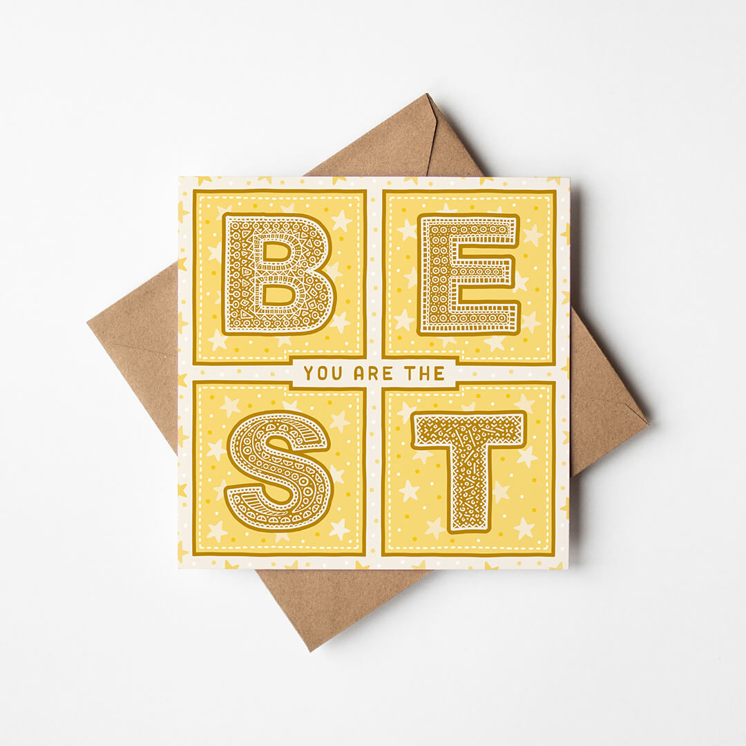 unique thank you card featuring you are the best message and yellow star illustrations with a kraft brown recycled envelope on a white background