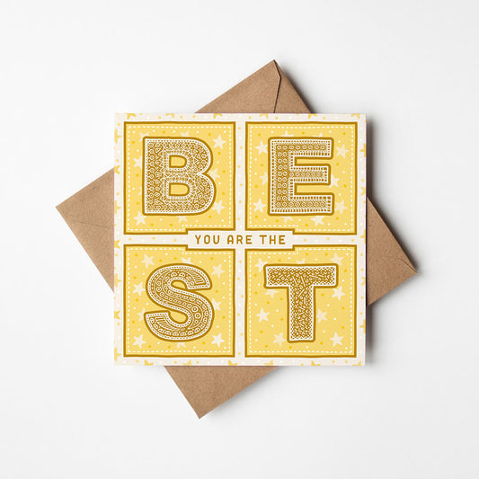 unique thank you card featuring you are the best message and yellow star illustrations with a kraft brown recycled envelope on a white background