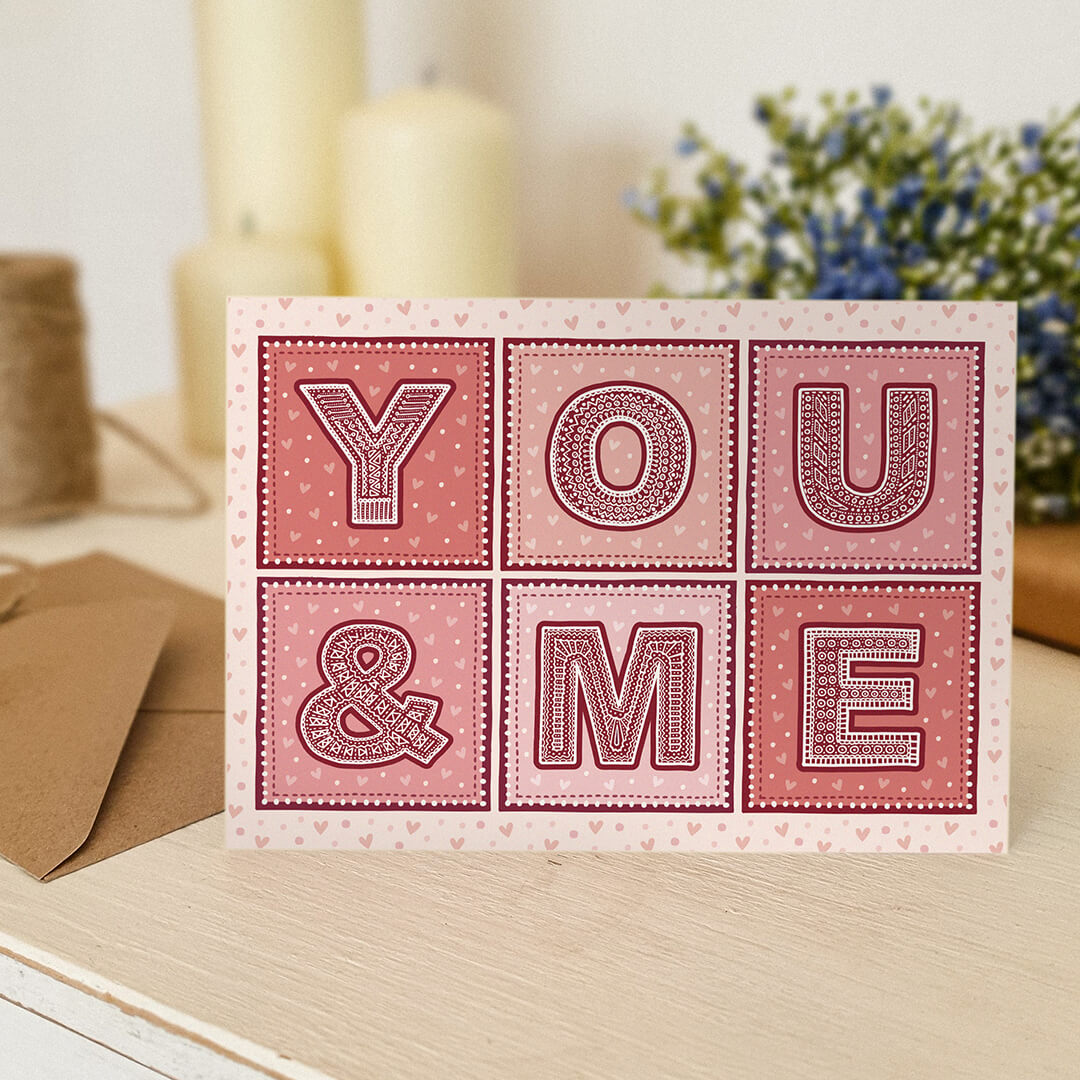 Typographic you and me Valentine's Day card Unique cute Valentine's Day card Printed on FSC-certified card with kraft brown recycled envelope Blank inside